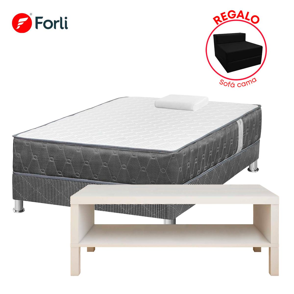 FORLI - Combo Cama Acqua 1.5 Plazas + Mesa de TV + Sofá Cama