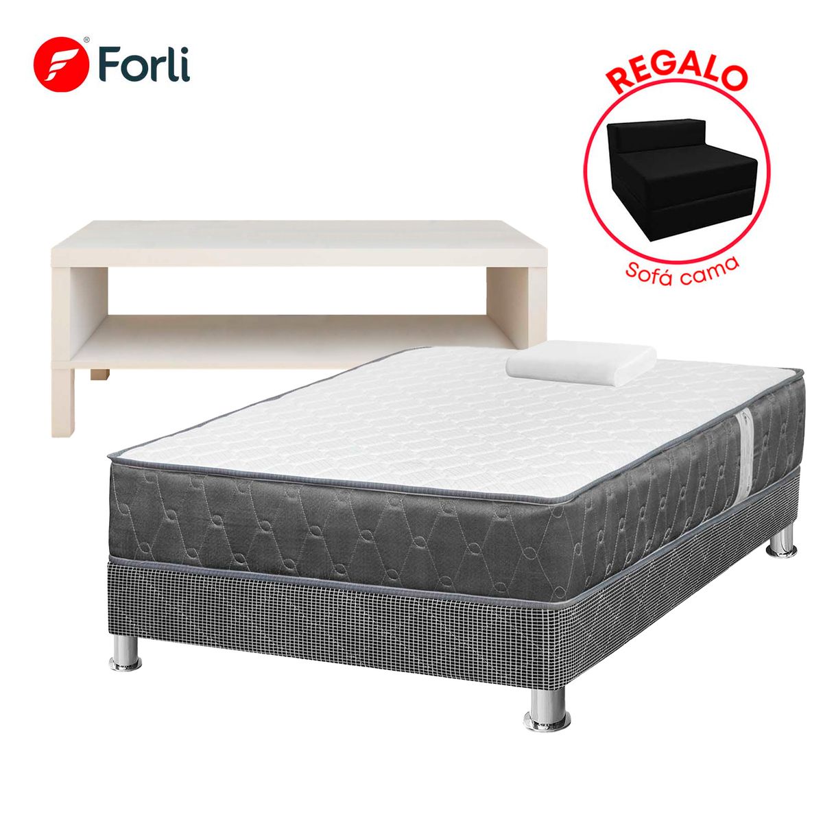 FORLI - Combo Cama Acqua 1.5 Plazas + Mesa de TV + Sofá Cama