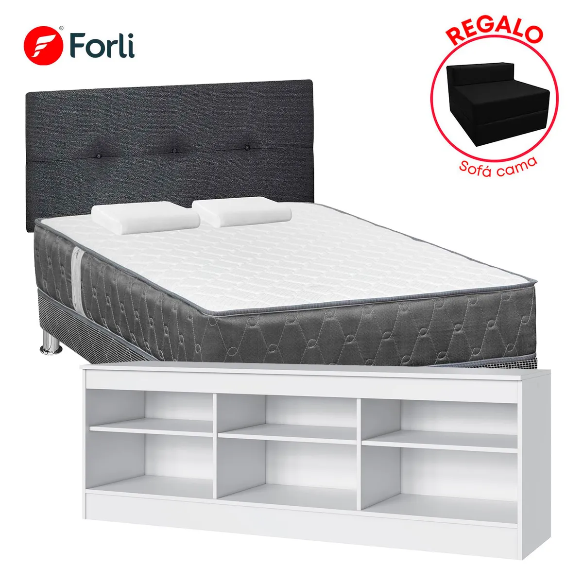FORLI - Combo Dormitorio Acqua 2 Plazas + Mesa de TV 50" + Sofá Cama
