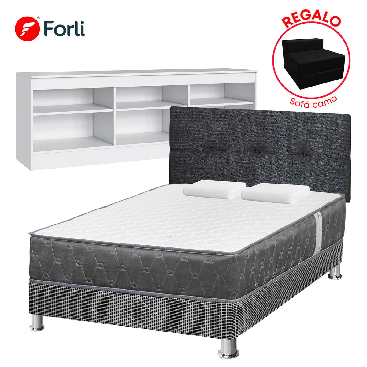FORLI - Combo Dormitorio Acqua 2 Plazas + Mesa de TV 50" + Sofá Cama
