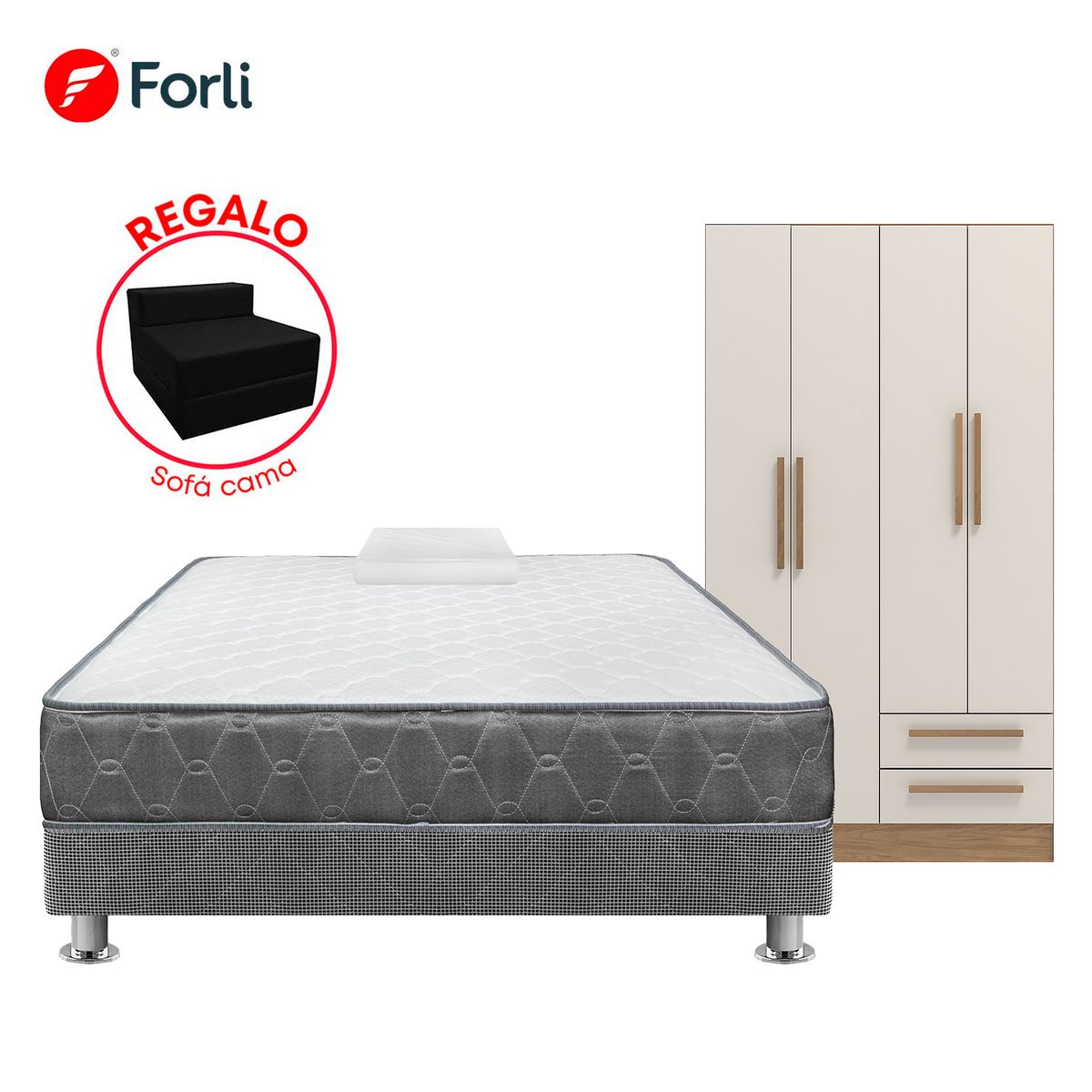  - Combo Cama Acqua 1.5 Plazas + Ropero 4 Puertas + Sofá Cama