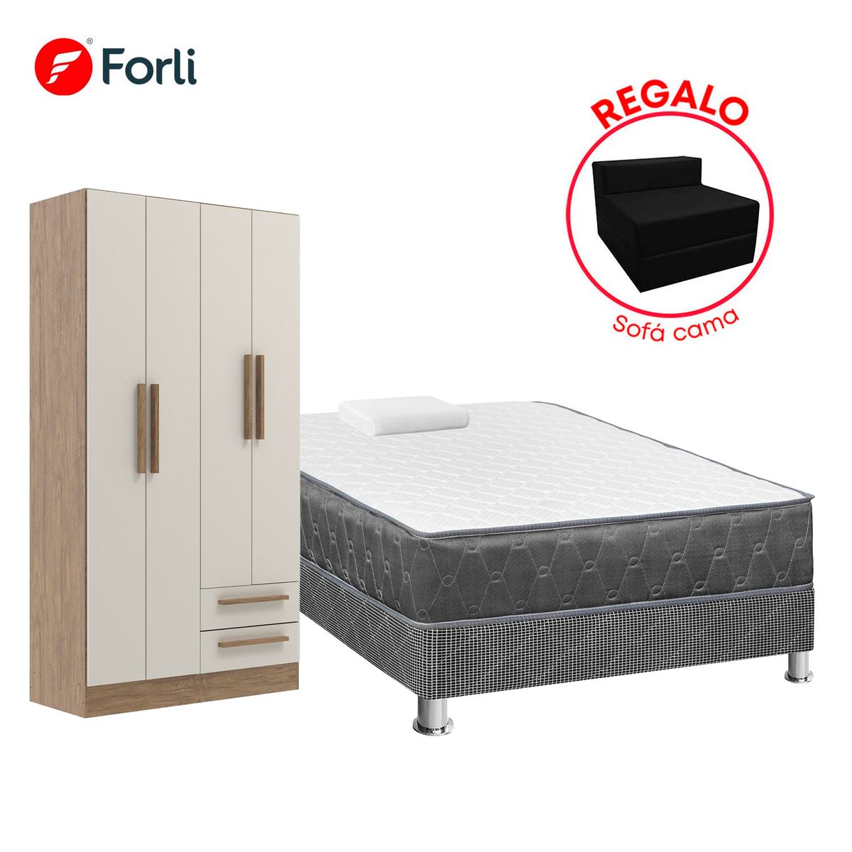  - Combo Cama Acqua 1.5 Plazas + Ropero 4 Puertas + Sofá Cama