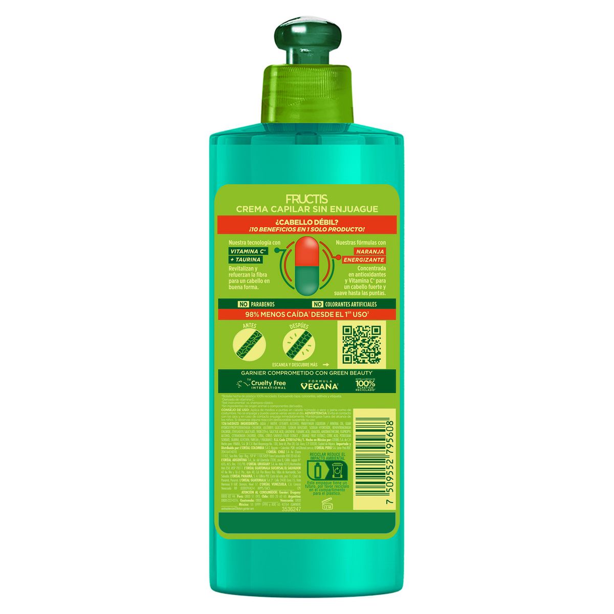  - Crema para Peinar Fructis 10 en 1 Cabello Débil Botella 300 mL