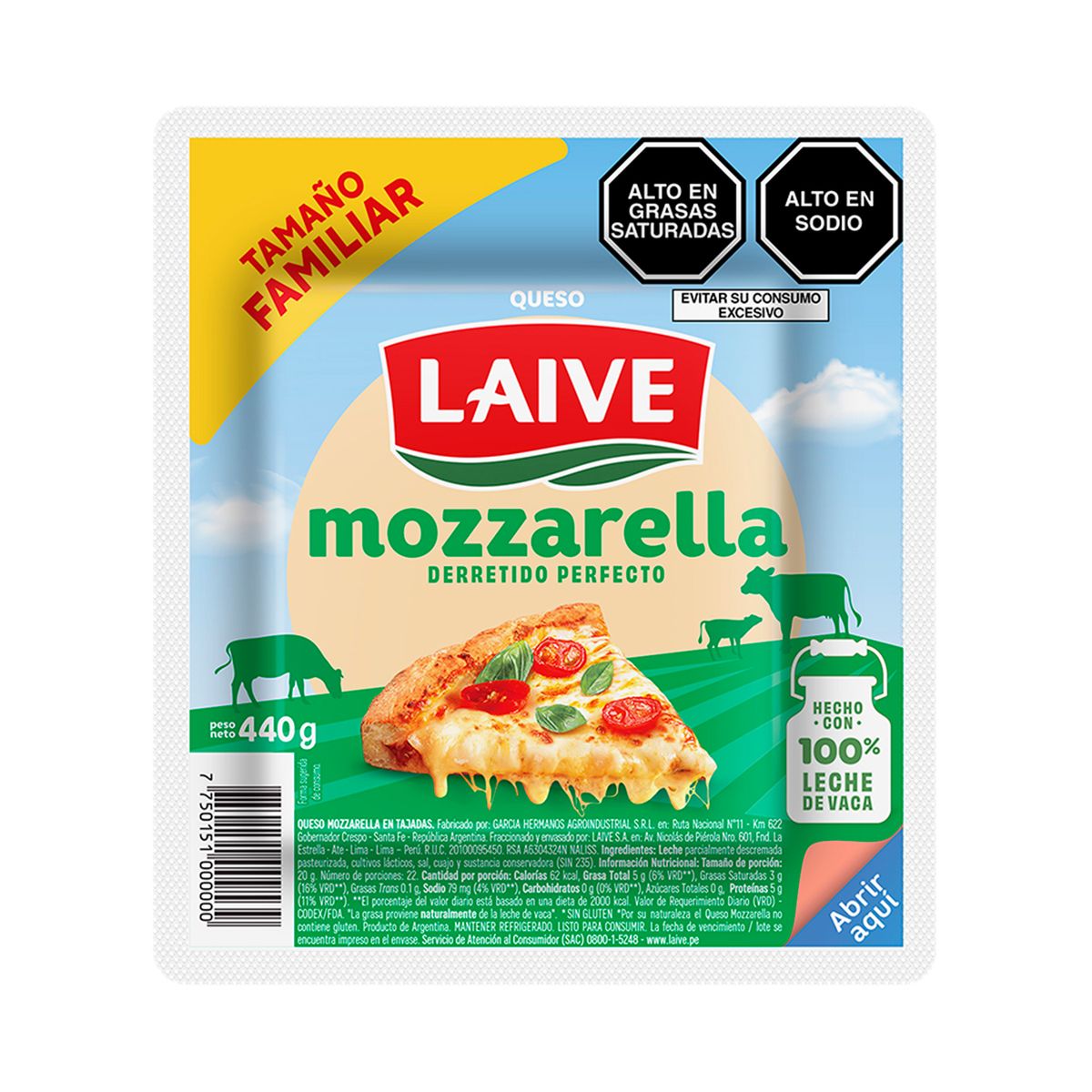 LAIVE - Queso Mozzarella Laive Tajadas Empaque 440 g