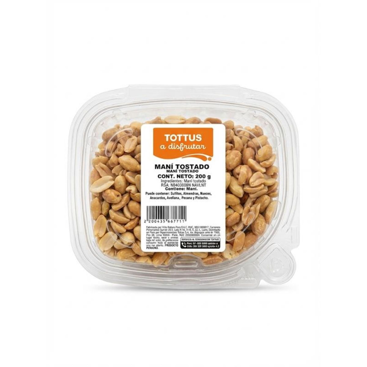 TOTTUS - Maní Tostado Tottus Envase 200 g