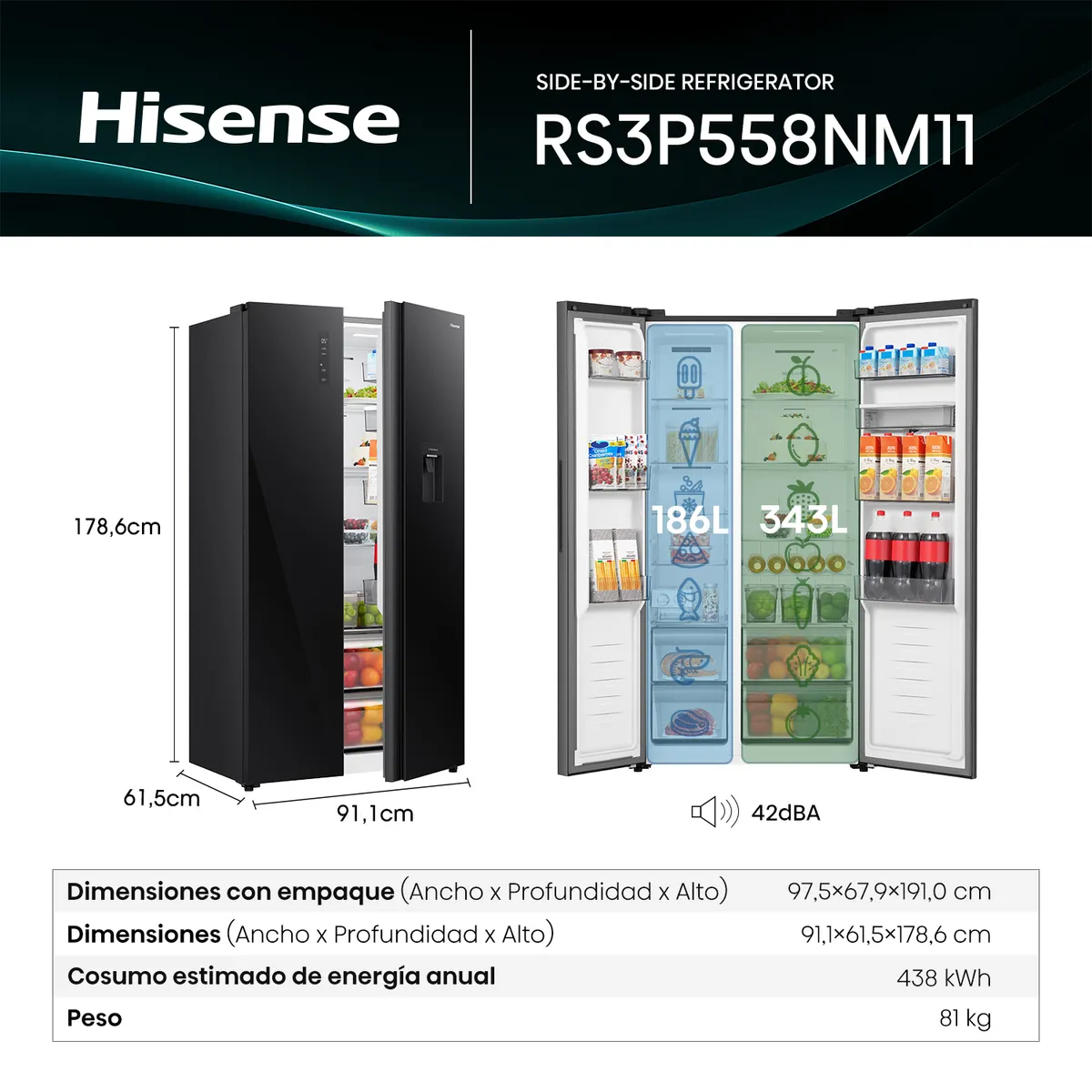 HISENSE - Refrigeradora Hisense RS3P558NM11 Side By Side Negra 529L