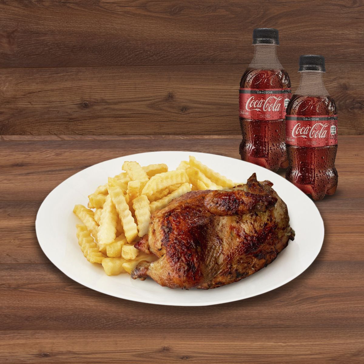 TOTTUS - 1/2 Pollo Rostizado Tottus + Papas + 2 Gaseosas Coca Cola 300 Ml