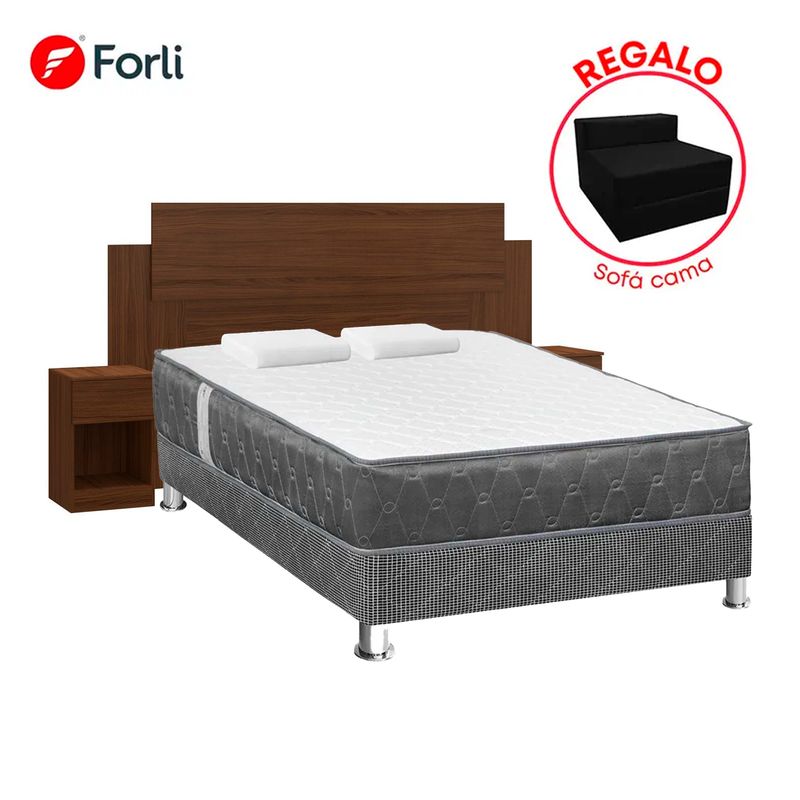 FORLI - Combo Cama Acqua 2 Plazas + Cabecera con 2 Mesas de Noche + Sofá Cama