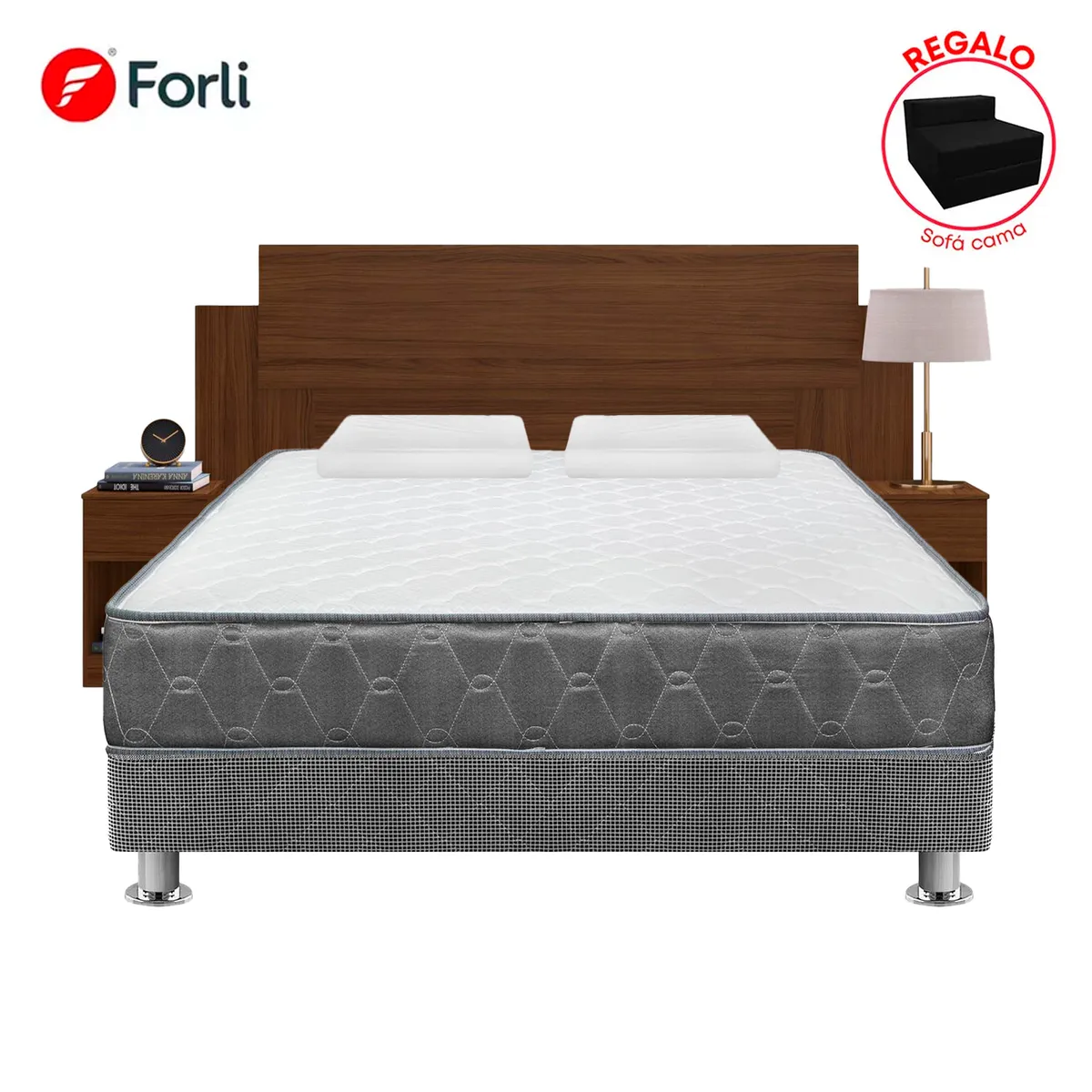 FORLI - Combo Cama Acqua 2 Plazas + Cabecera con 2 Mesas de Noche + Sofa Cama