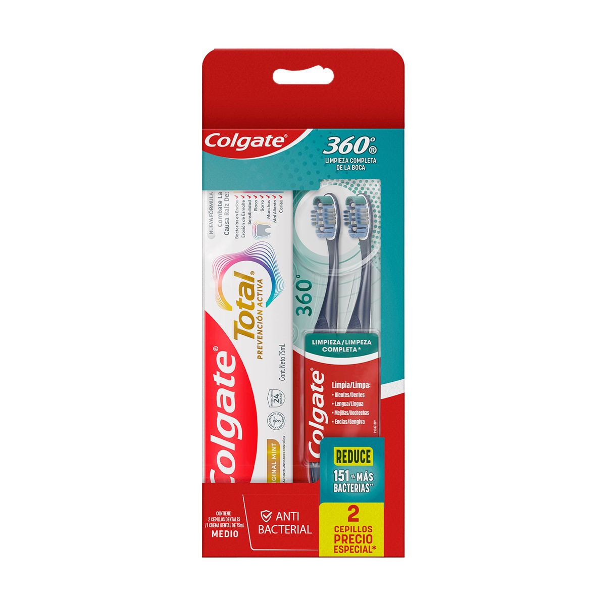 COLGATE - Pack Colgate Crema Dental Total Original 75 mL + 2 Cepillos 360