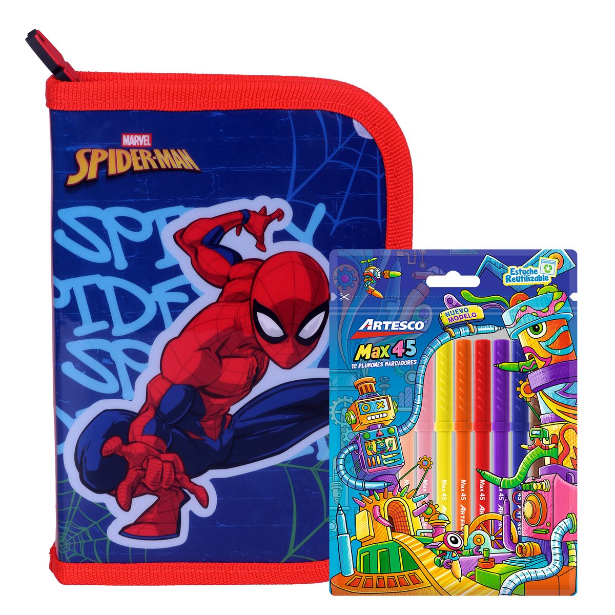 ARTESCO - Cartuchera Tipo Libro Promocional + Plumones Spiderman
