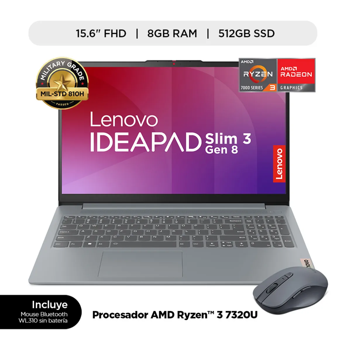 LENOVO - Laptop Lenovo Ideapad Slim 3 AMD Ryzen 3 7320U 8GB RAM 512GB SSD 15.6" FHD