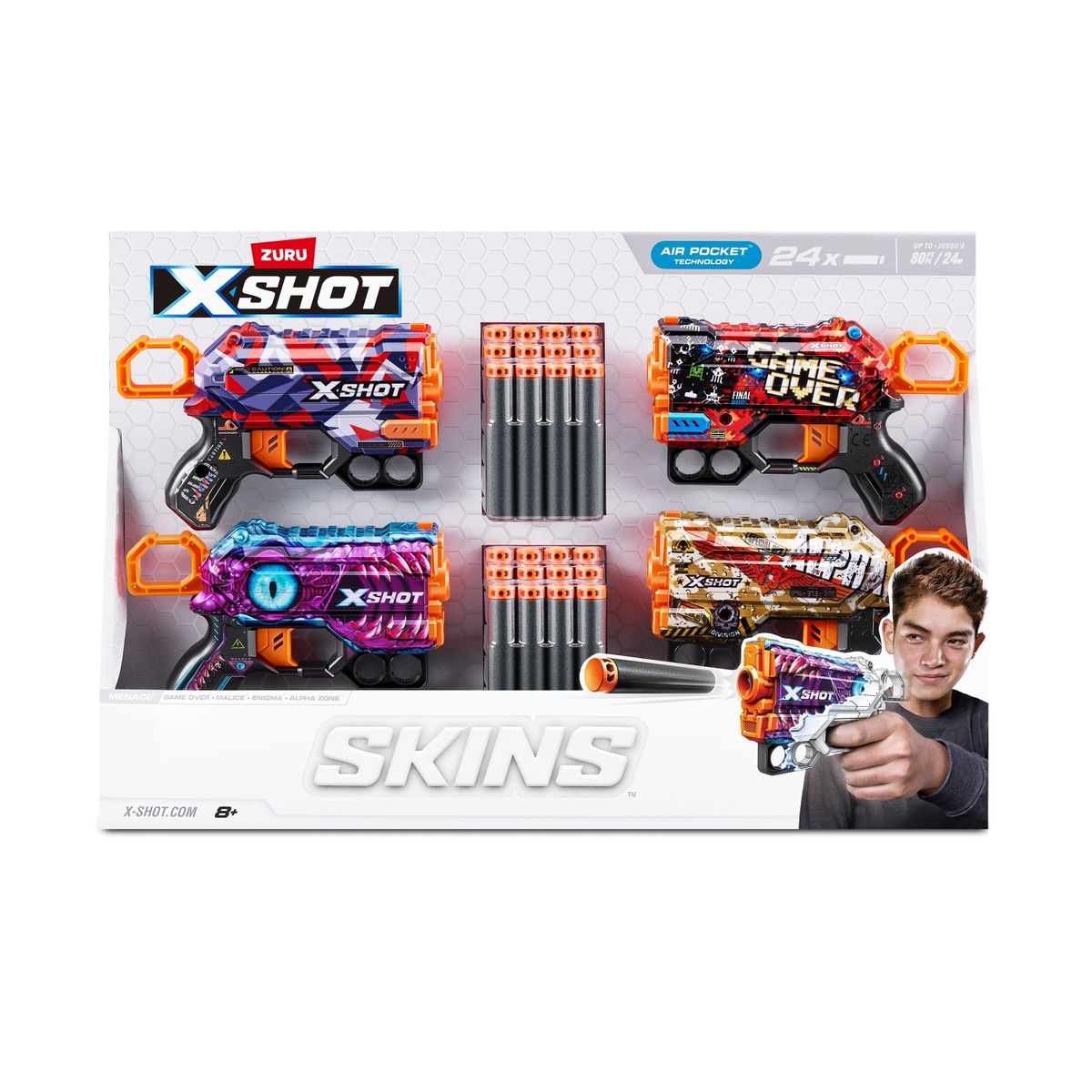 X-SHOT - Lanzador S001 Skins Menace 4Pk 24Darts