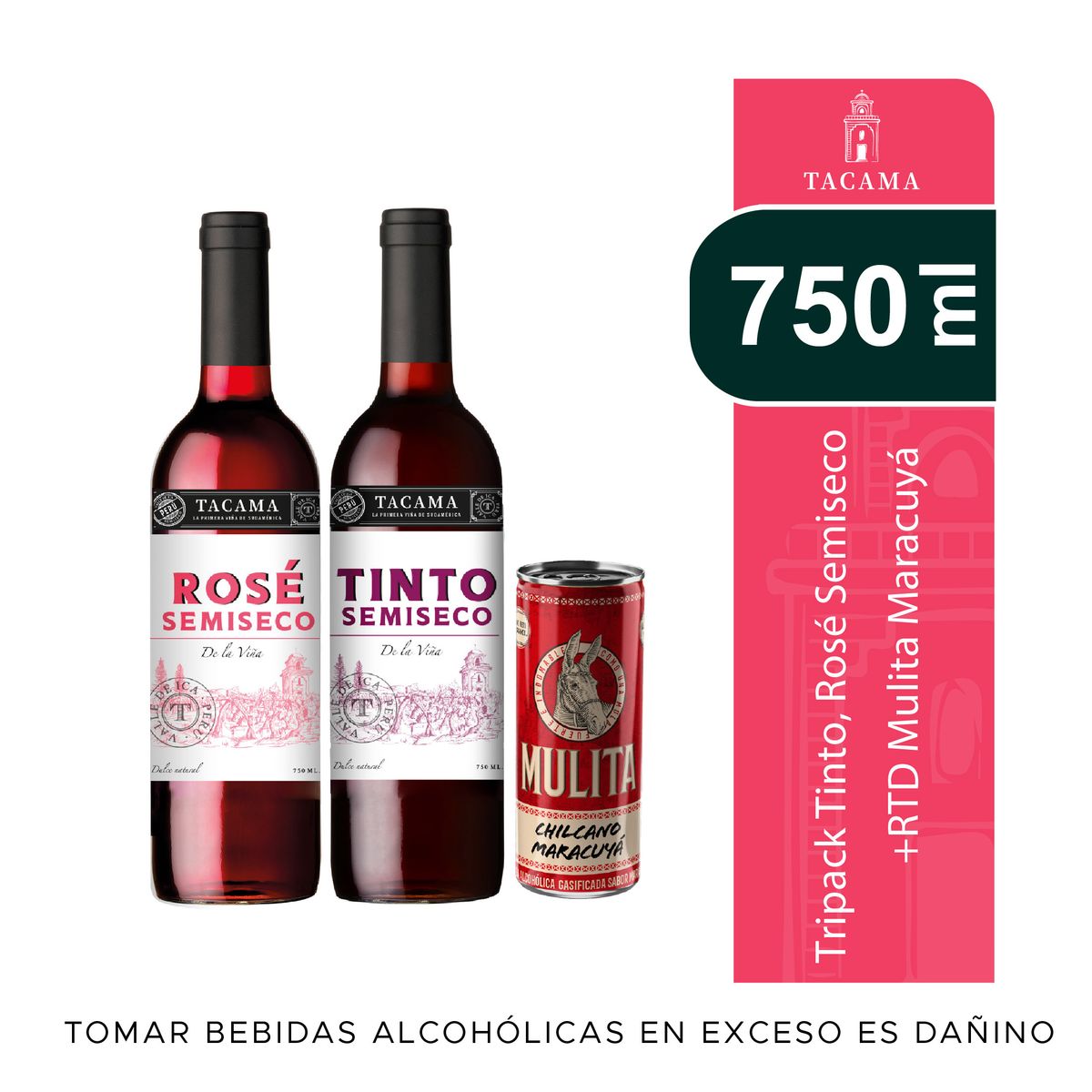 TACAMA - Tripack Vino Rose Semiseco Tacama 750 mL +  Tinto Semiseco 750 mL + RTD Mulita Maracuyá