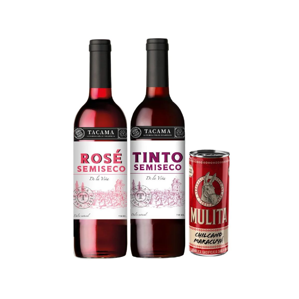 TACAMA - Tripack Vino Rose Semiseco Tacama 750 mL +  Tinto Semiseco 750 mL + RTD Mulita Maracuyá