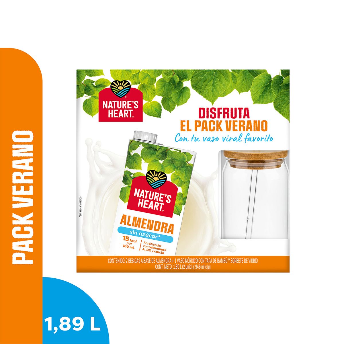 NATURE'S HEART - Bebida de Almendra Sin Azúcar Nature Heart Pack 2 Botellas 946 mL + Vaso