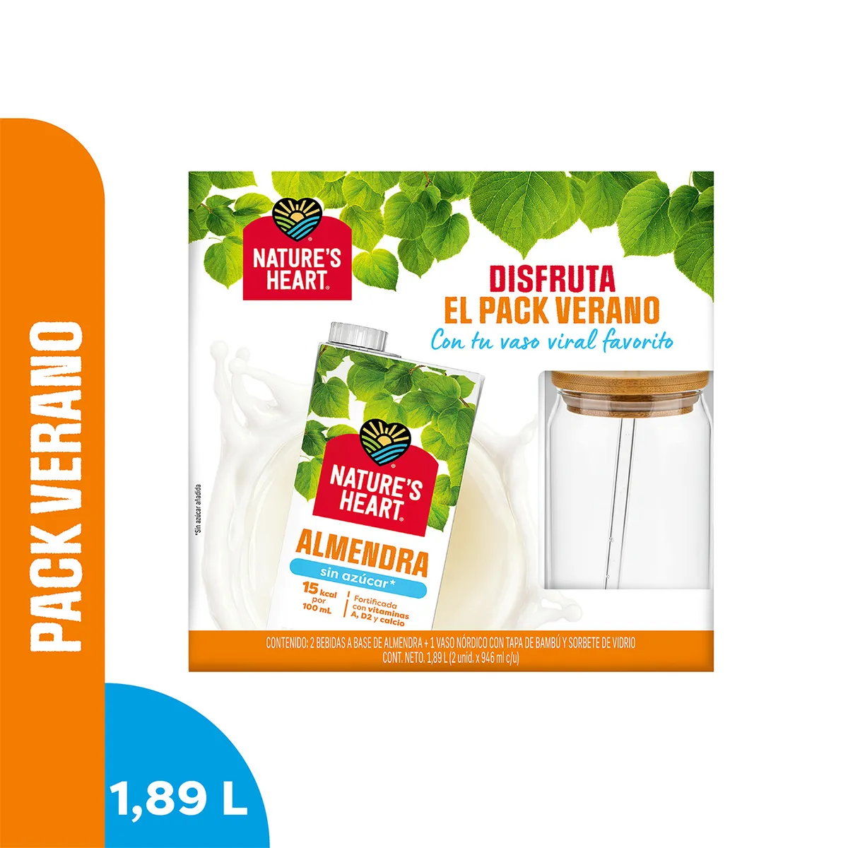 NATURE'S HEART - Bebida de Almendra Sin Azúcar Nature Heart Pack 2 Botellas 946 mL + Vaso