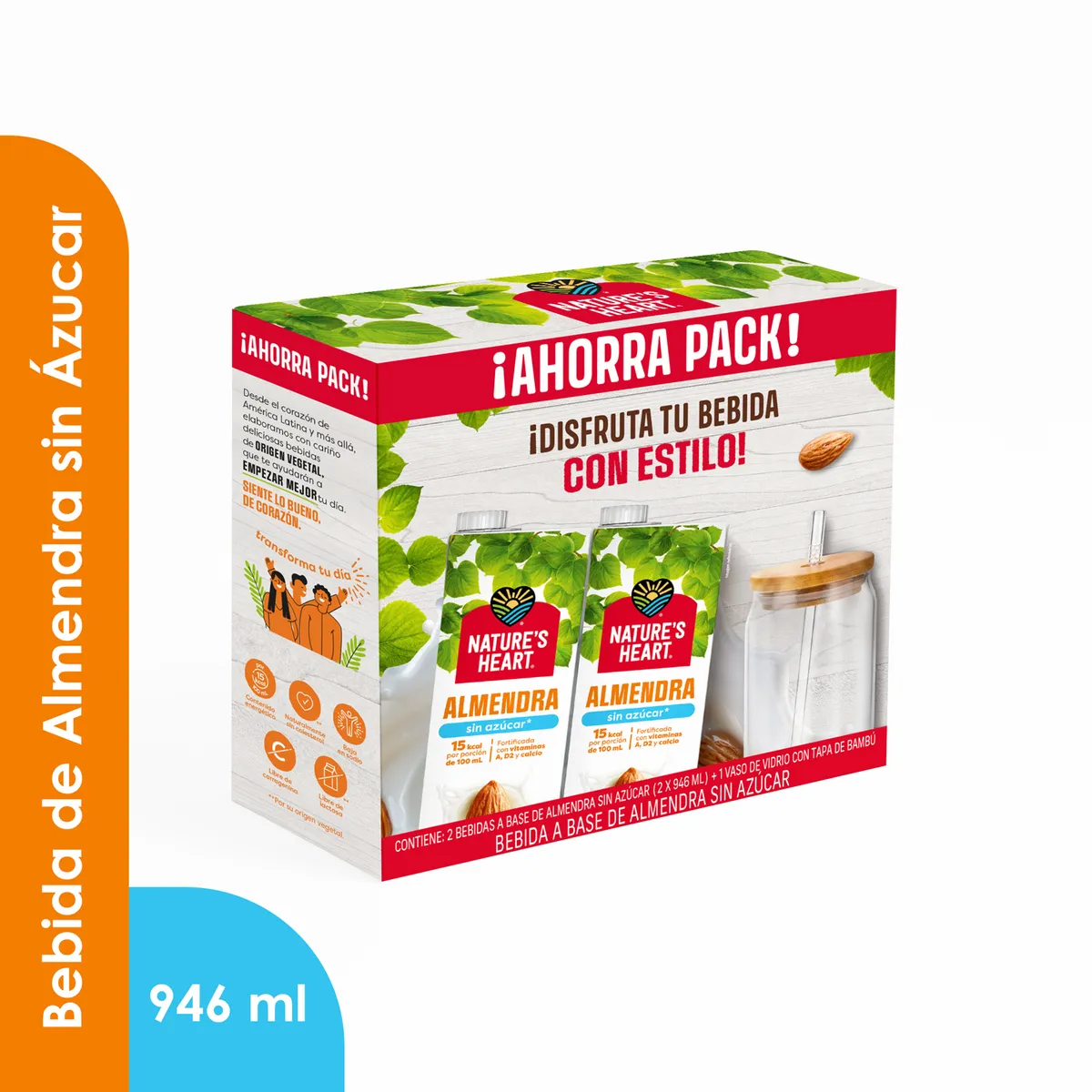 NATURES HEART - Bebida de Almendra Sin Azúcar Nature Heart Pack 2 Botellas 946 mL + Vaso