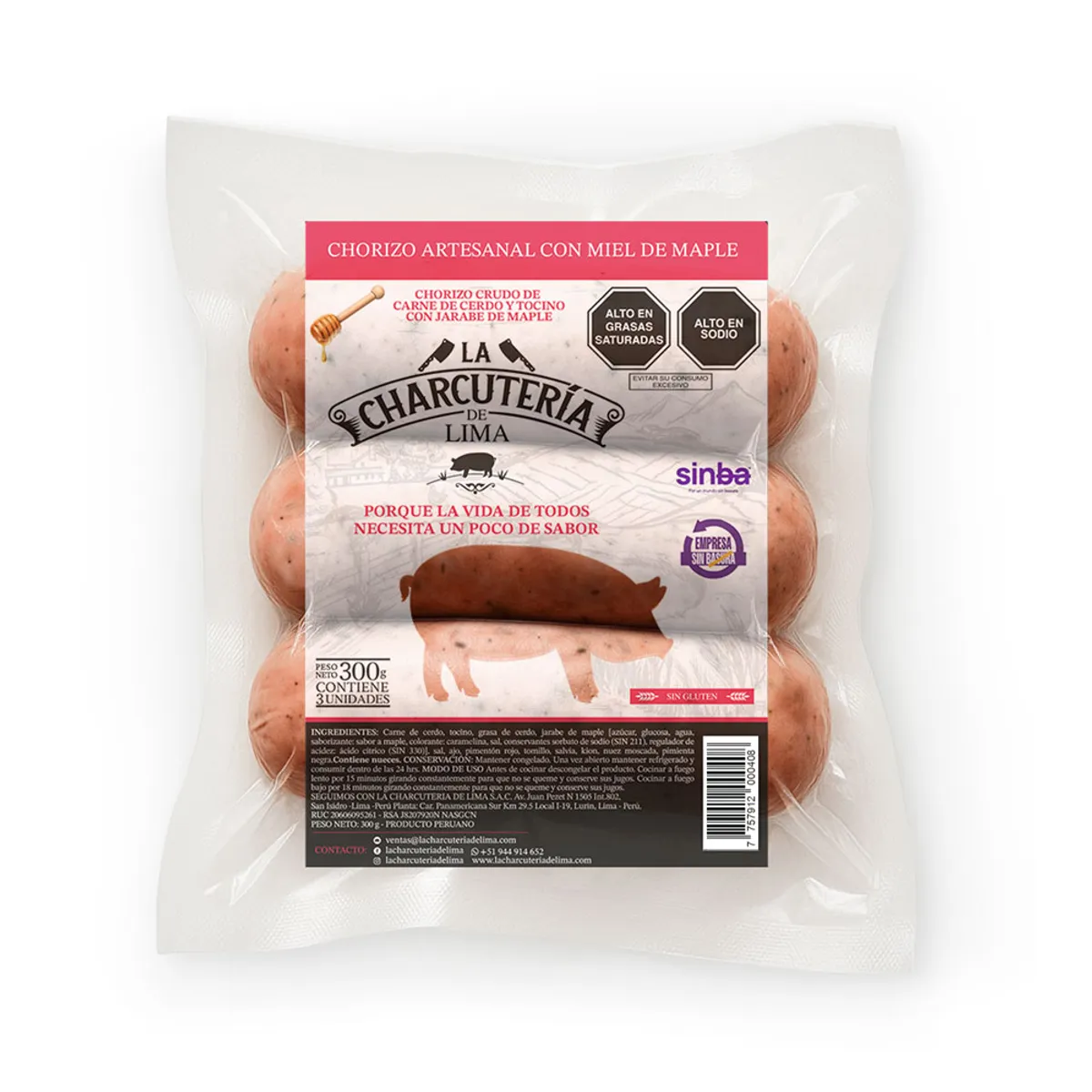 LA CHARCUTERIA DE LIMA - Chorizo de Miel Maple con Tocino Congelado CDL Empaque 300 g