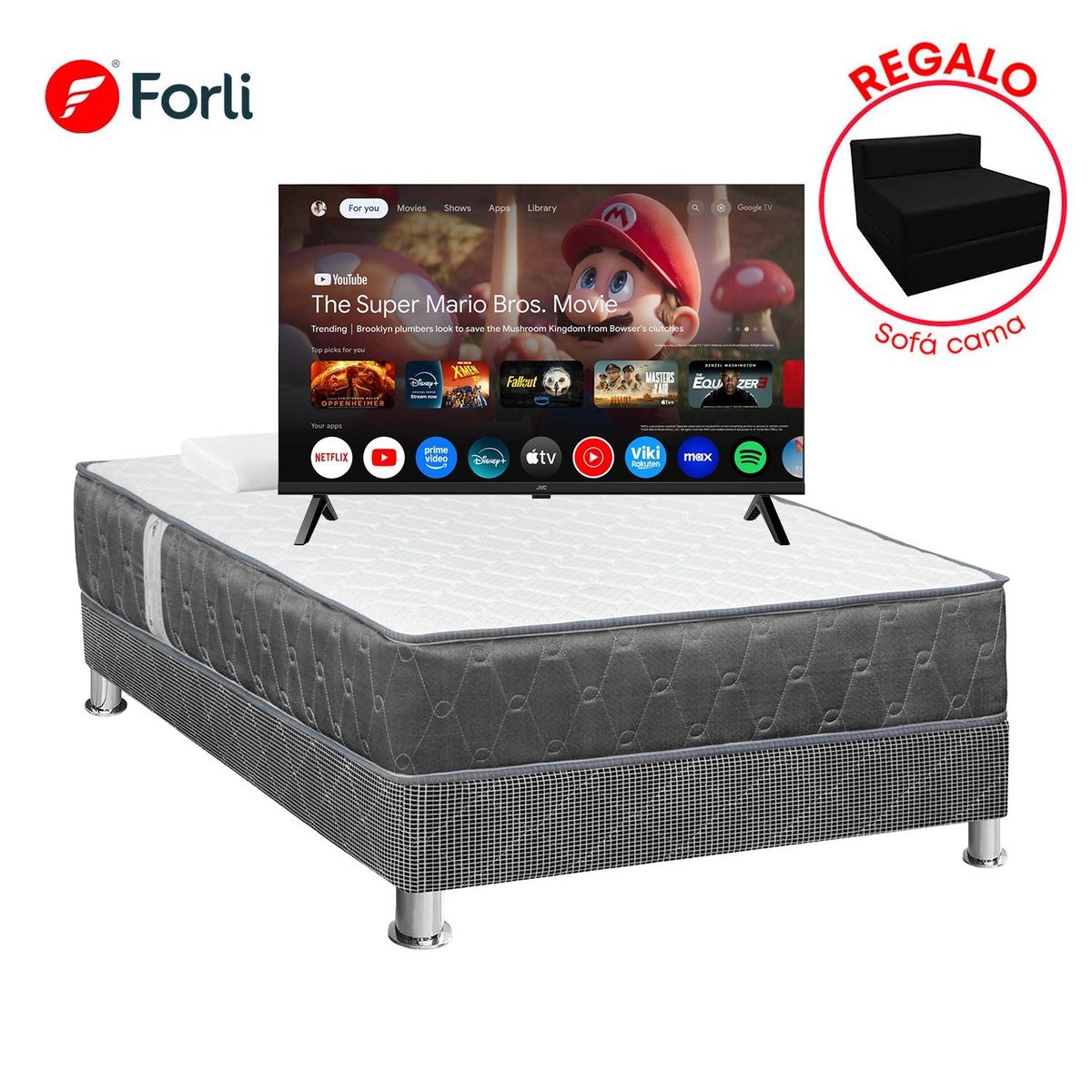 FORLI - Combo Cama Acqua 2 Plazas + TV 32" JVC QLED HD + Sofa Cama + 2 Almohadas