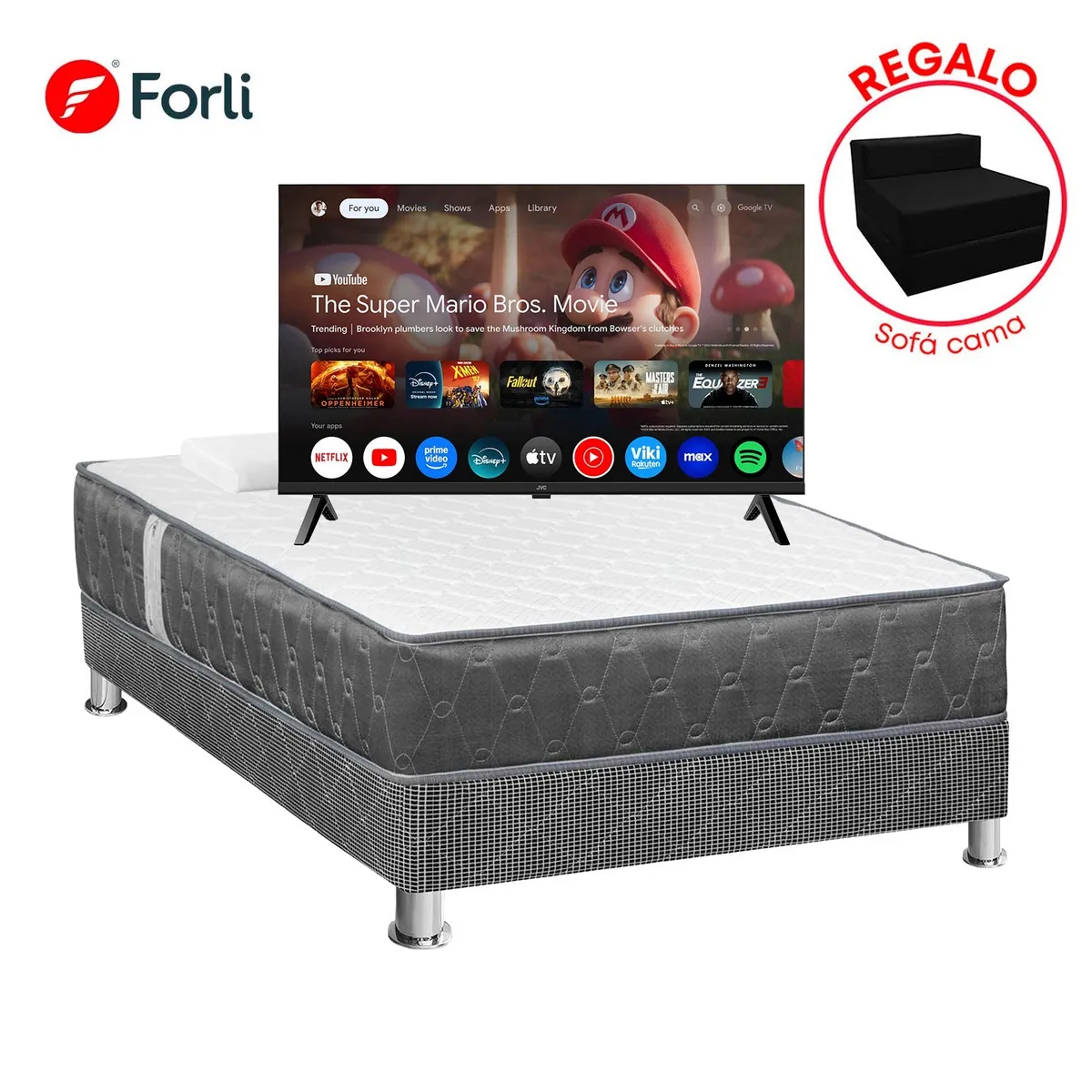 FORLI - Combo Cama Acqua 2 Plazas + TV 32" JVC QLED HD + Sofa Cama + 2 Almohadas