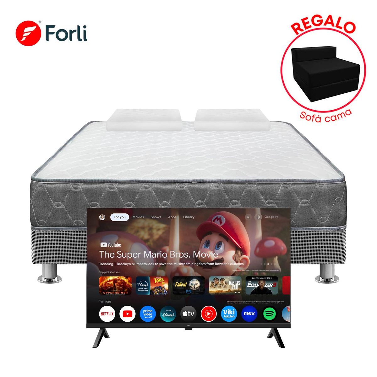 FORLI - Combo Cama Acqua 2 Plazas + TV 32" JVC QLED HD + Sofa Cama + 2 Almohadas
