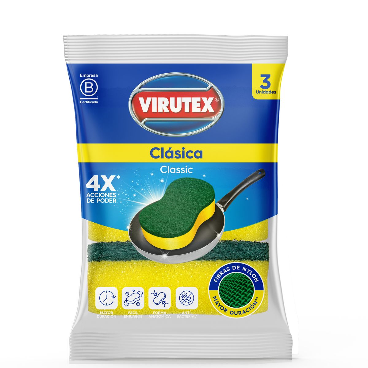 VIRUTEX - Esponja Clásica 2 en 1 Virutex Bolsa 3 Und