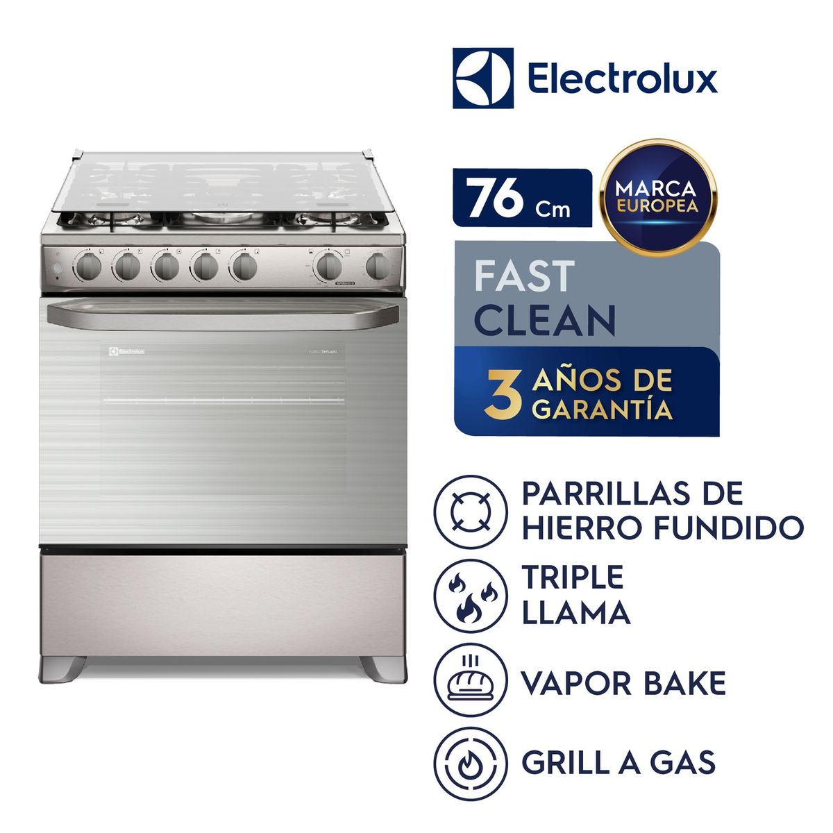 ELECTROLUX - COCINA GAS 5H TRIPLE LLAMA GRILL 76CM S