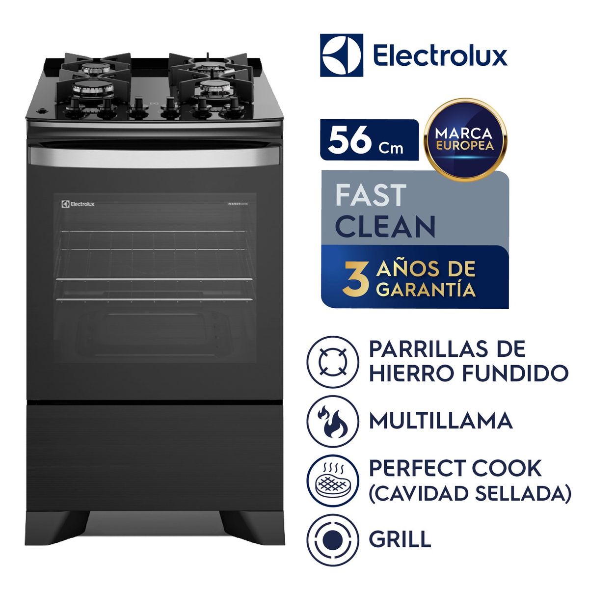 ELECTROLUX - COCINA GAS 4 HORNILLAS GRILL 56CM