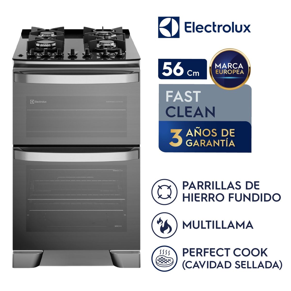 ELECTROLUX - COCINA DOBLE HORNO GAS 4 HORNILLAS 56CM