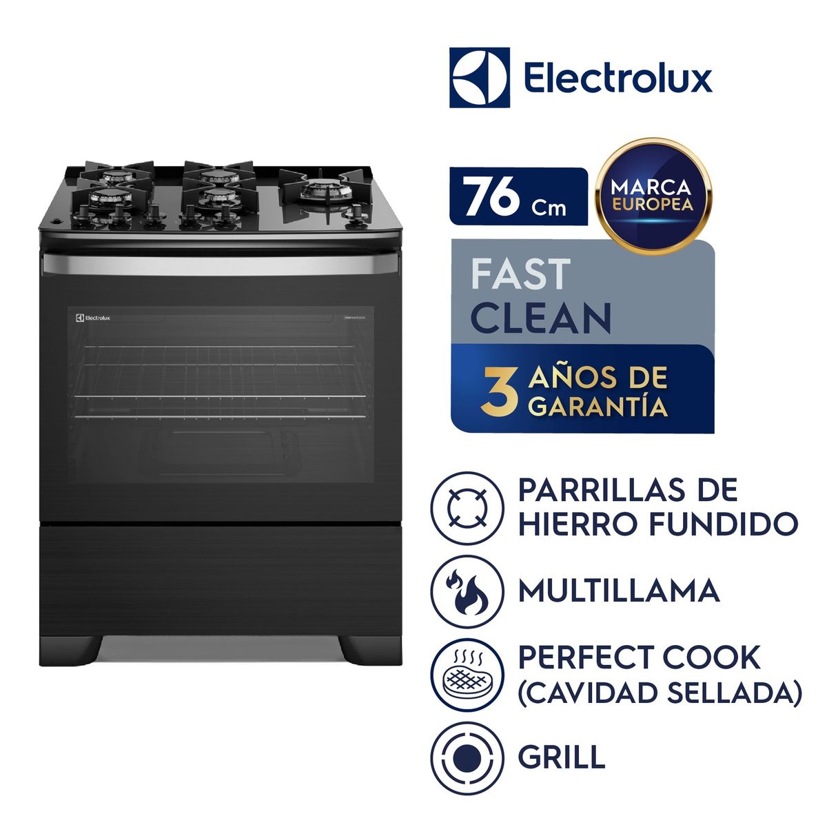 ELECTROLUX - COCINA GAS 5 HORNILLAS GRILL 76CM
