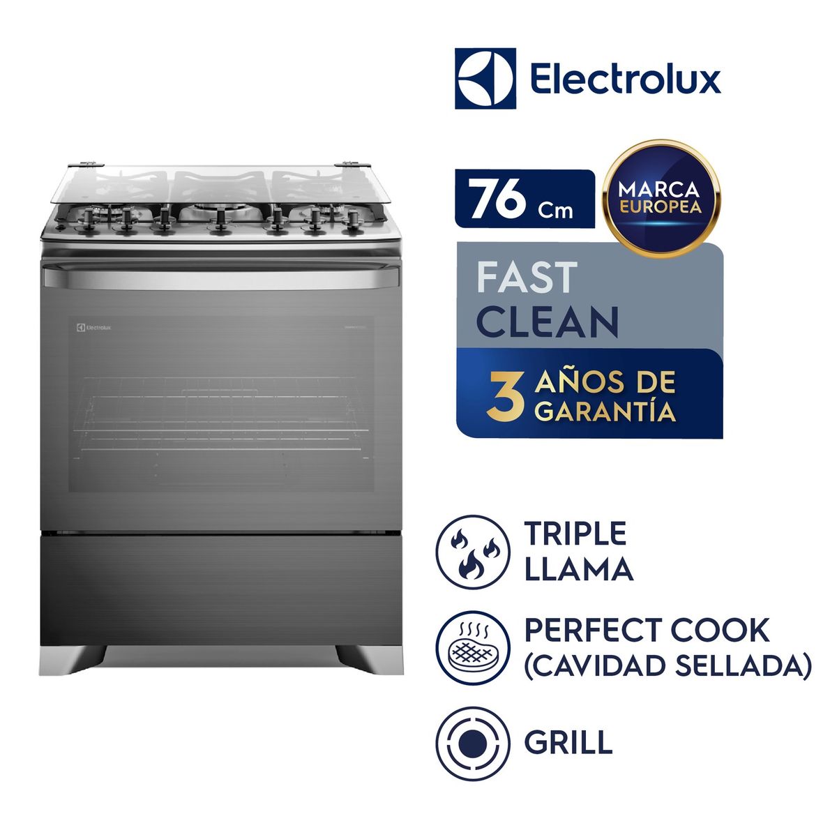ELECTROLUX - COCINA GAS 5H TRIPLE LLAMA GRILL 76CM