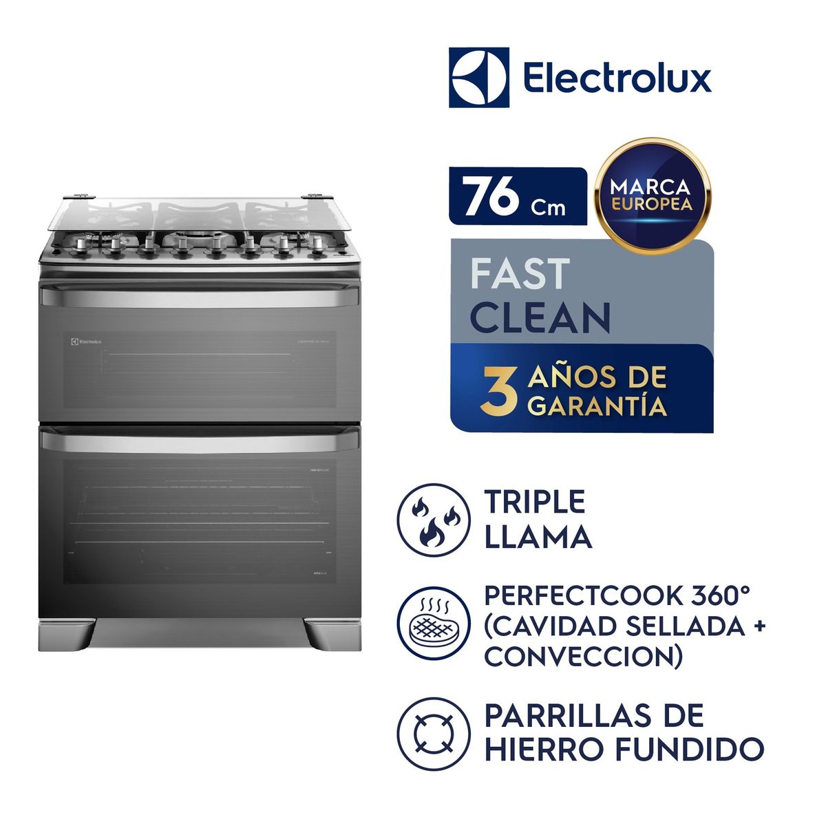 ELECTROLUX - COCINA DOBLE HORNO GAS 5 HORNILLAS 76CM
