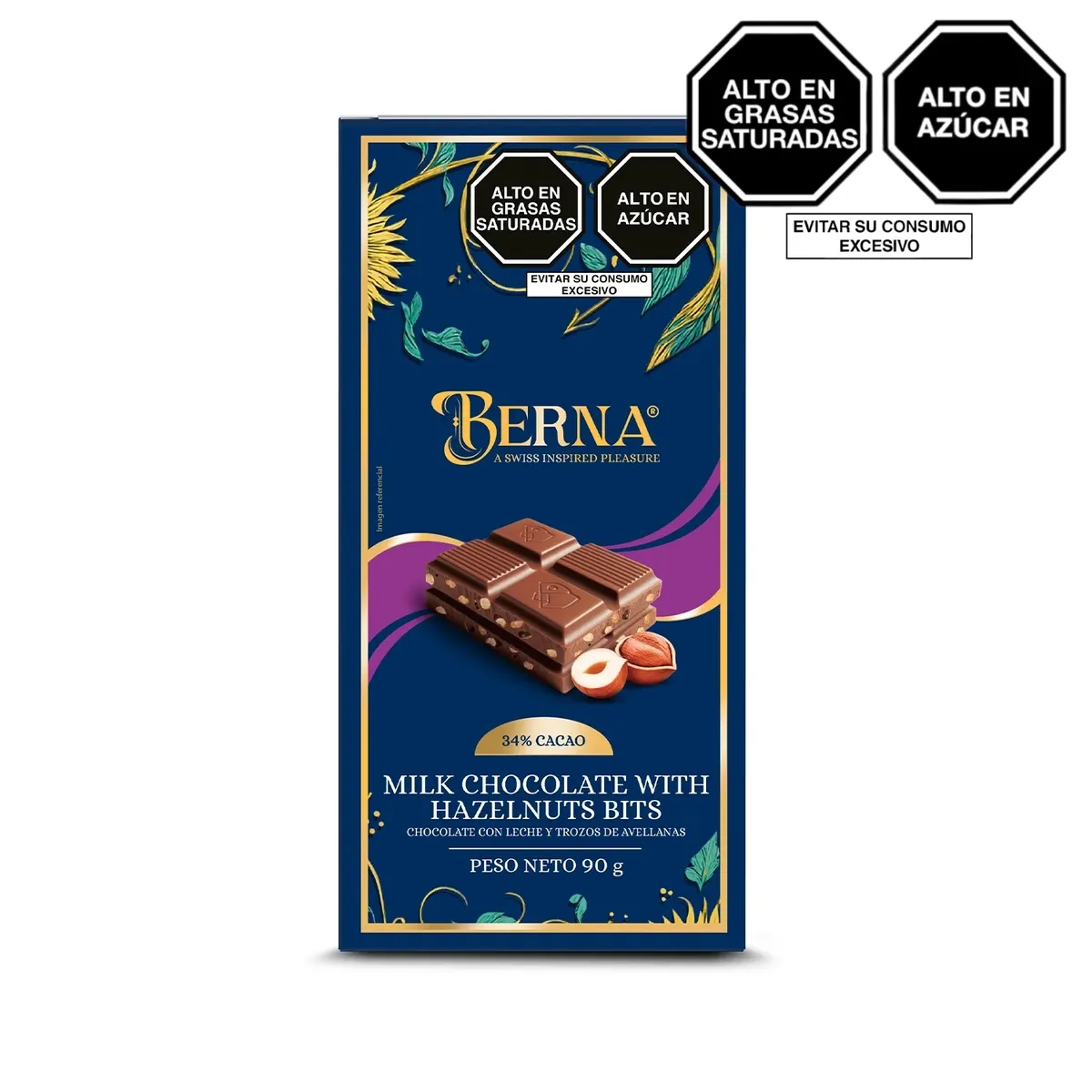 BERNA NEGUSA - Tableta de Chocolate Berna Trozoz de Avellana Caja 90 g