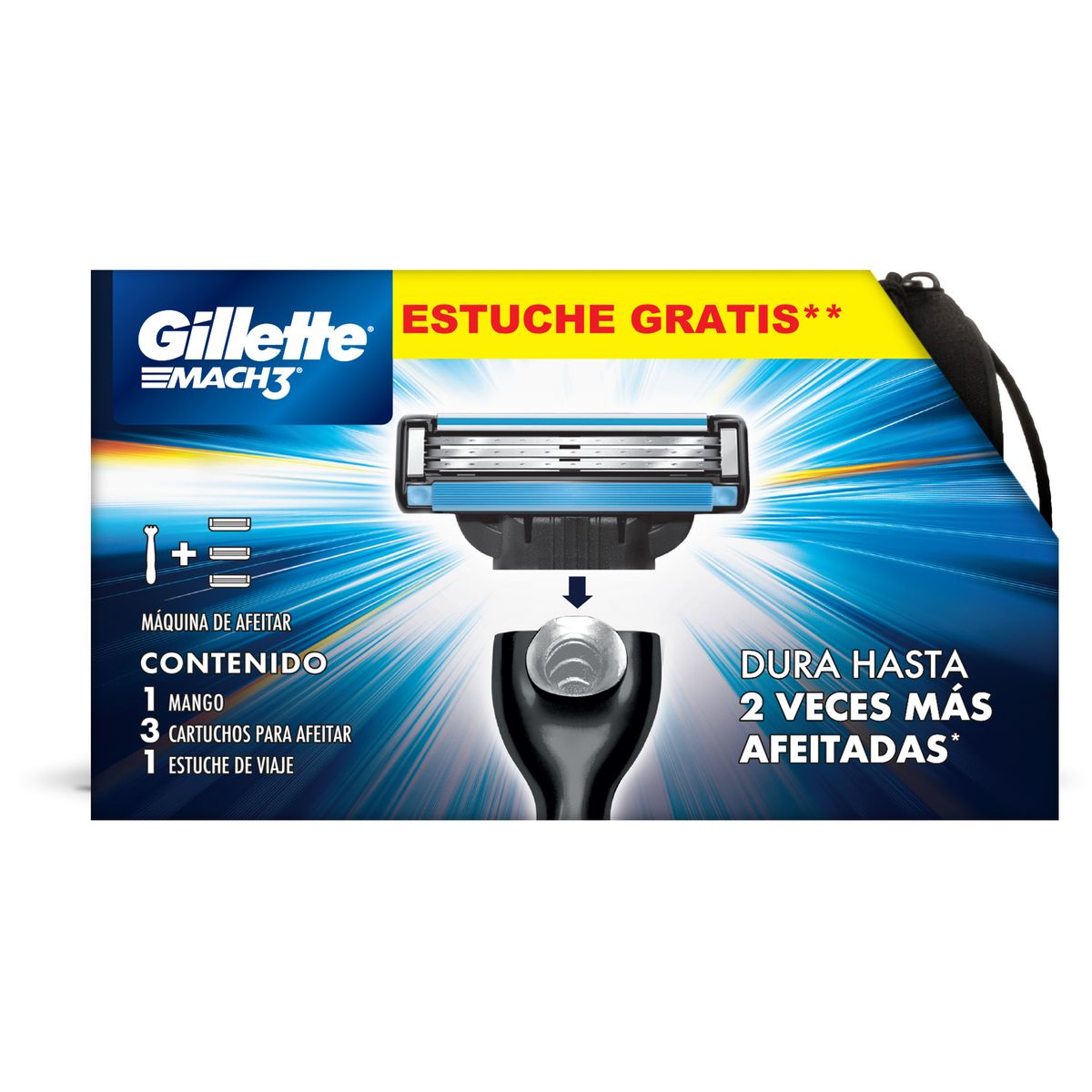 GILLETTE - Máquina de Afeitar Gillette Mach3 Base Pack 3 Und + Necessaire