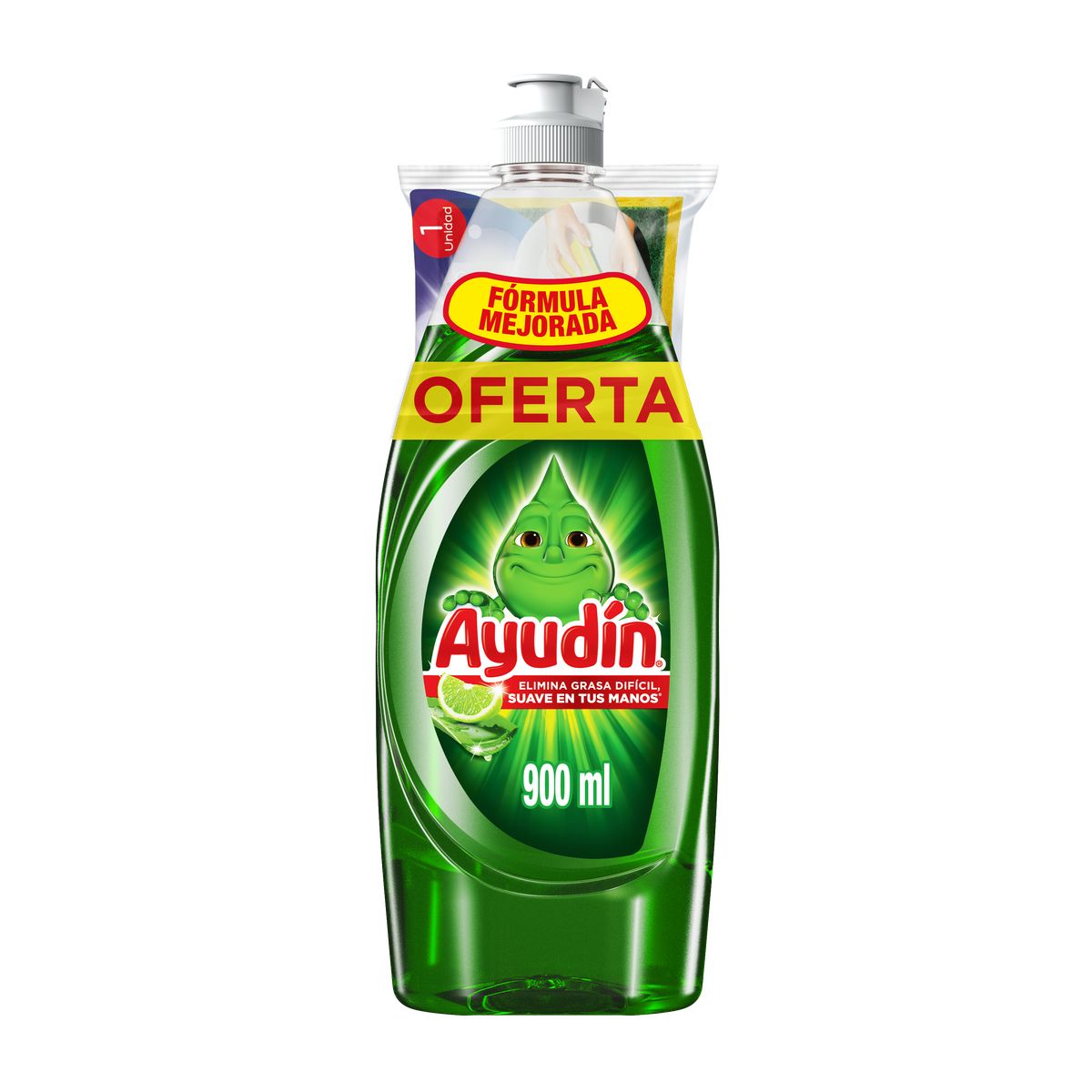 AYUDIN - Lavavajilla Ayudín Limón  y Sábila Botella 900 mL + Esponja