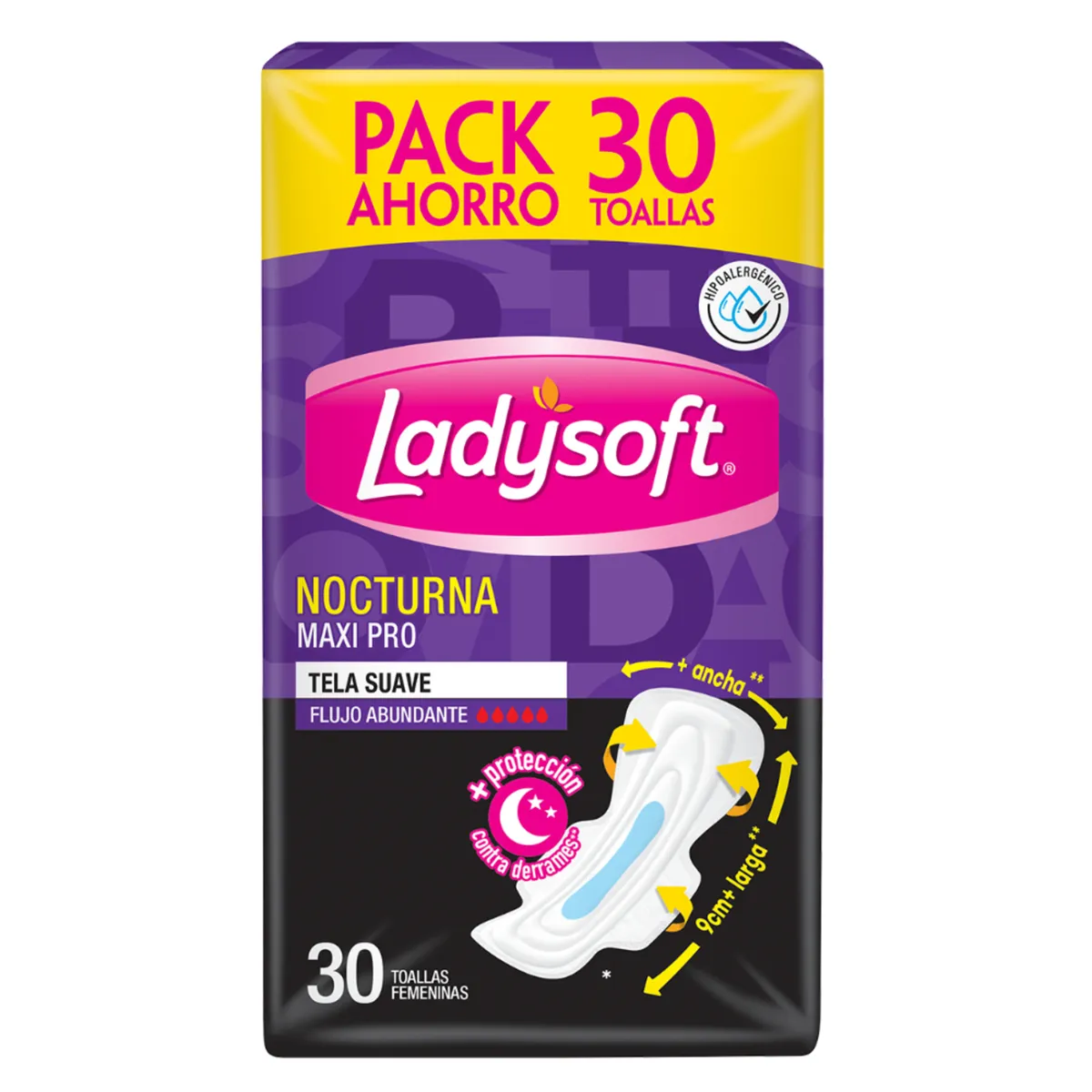 LADYSOFT - Toallas Femeninas Ladysoft Nocturna Maxi Pro Tela Suave Empaque 30 Und