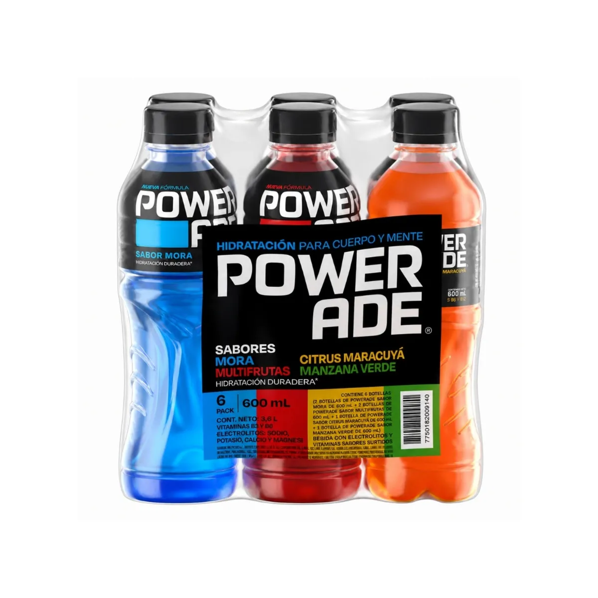 POWERADE - Bebida Powerade Mora + Multifrutas + Maracuyá + Manzana Verde Sixpack Botella 600 mL
