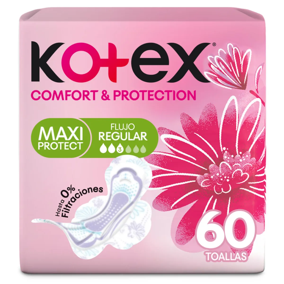 KOTEX - Toallas Femeninas Kotex Comfort y Protección Maxi Empaque 60 Und