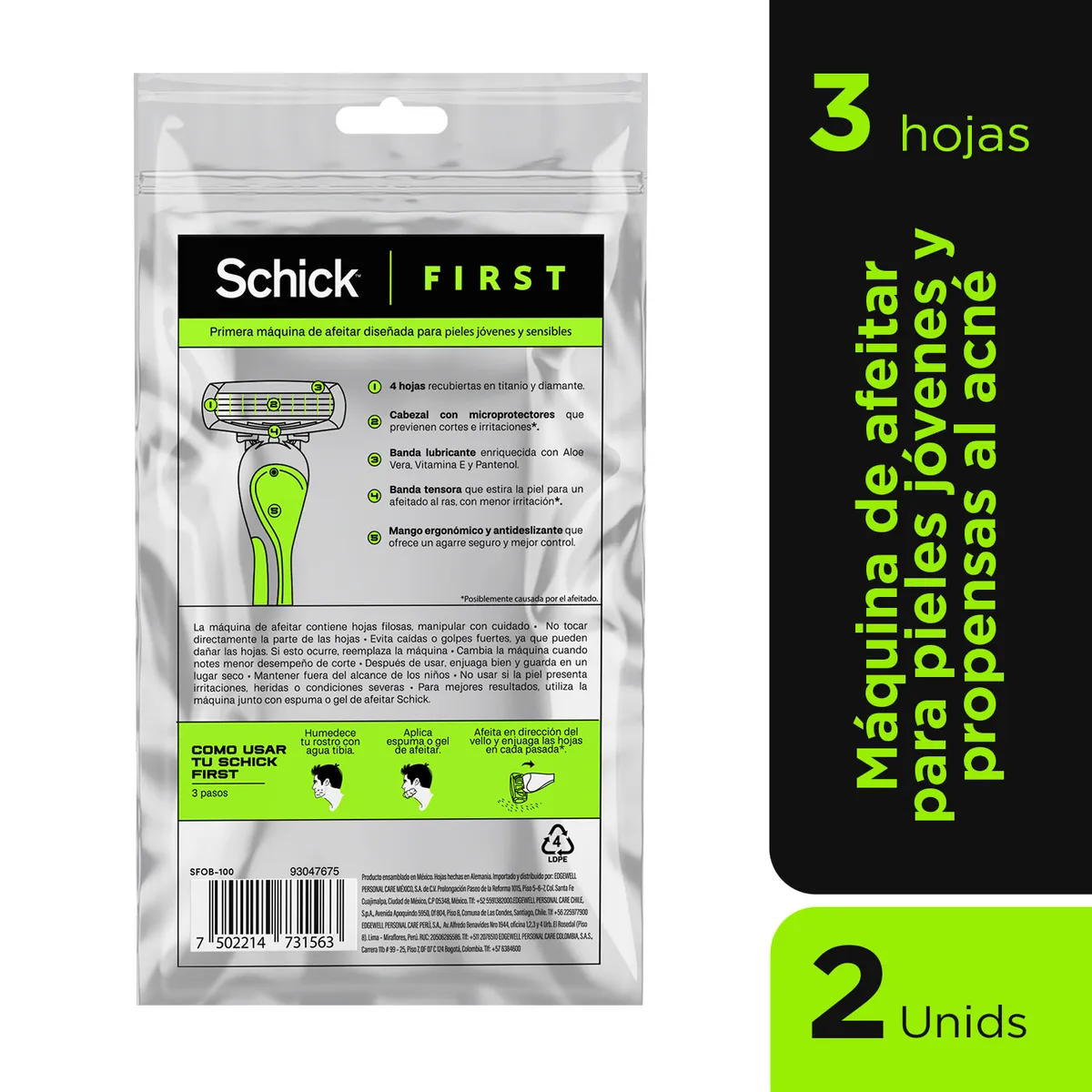 SCHICK - Máquina De Afeitar Schick First 4 Hojas Empaque 2 Und