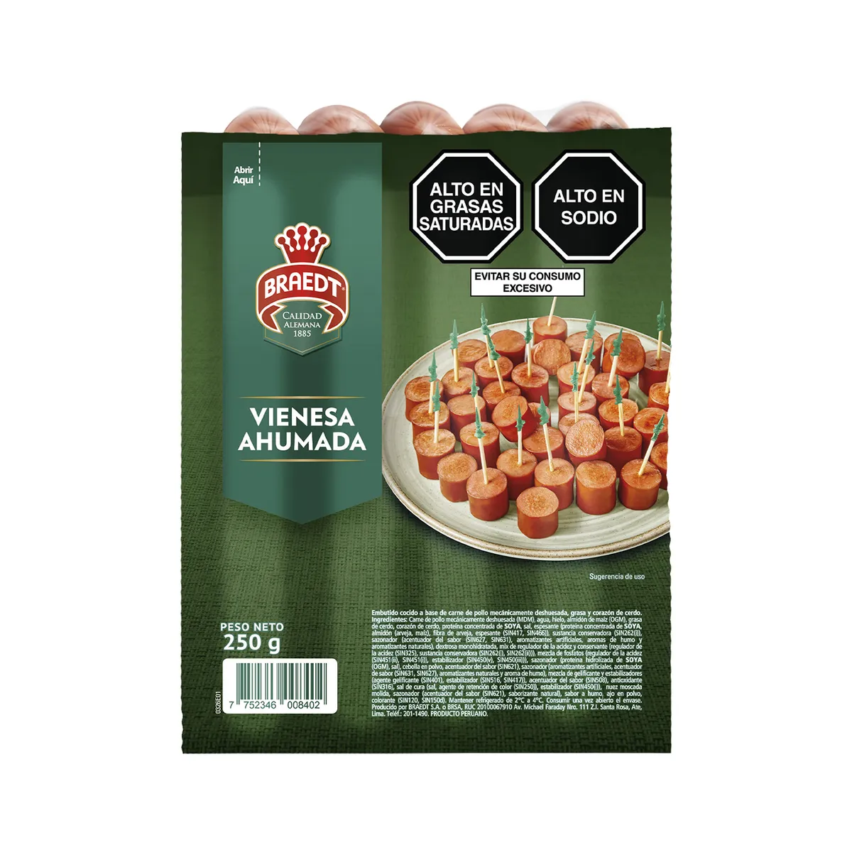 BRAEDT - Vienesa Ahumada Braedt Empaque 250 g