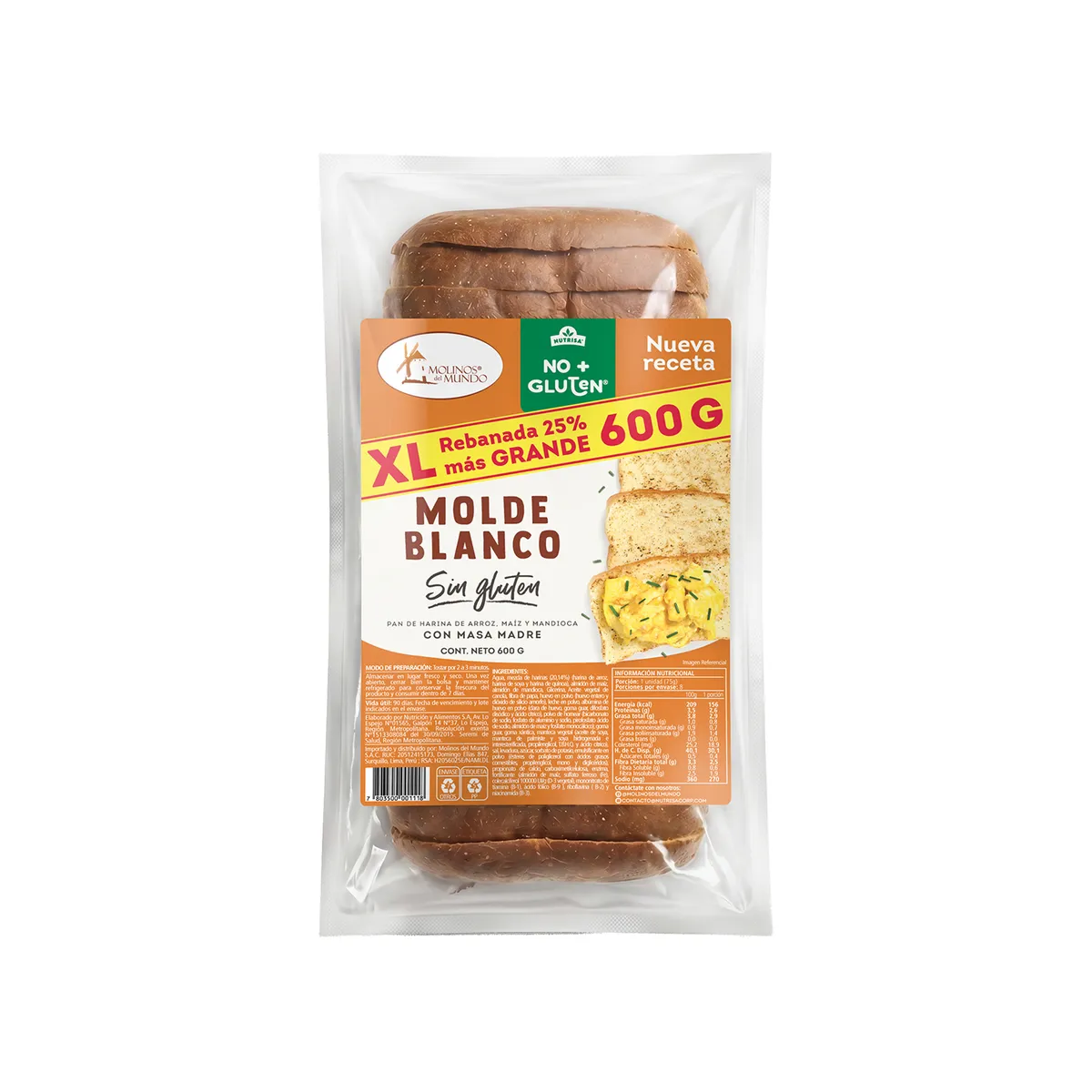 MOLINOS DEL MUNDO - Pan de Molde Blanco Sin Gluten Molinos Bolsa 600 g