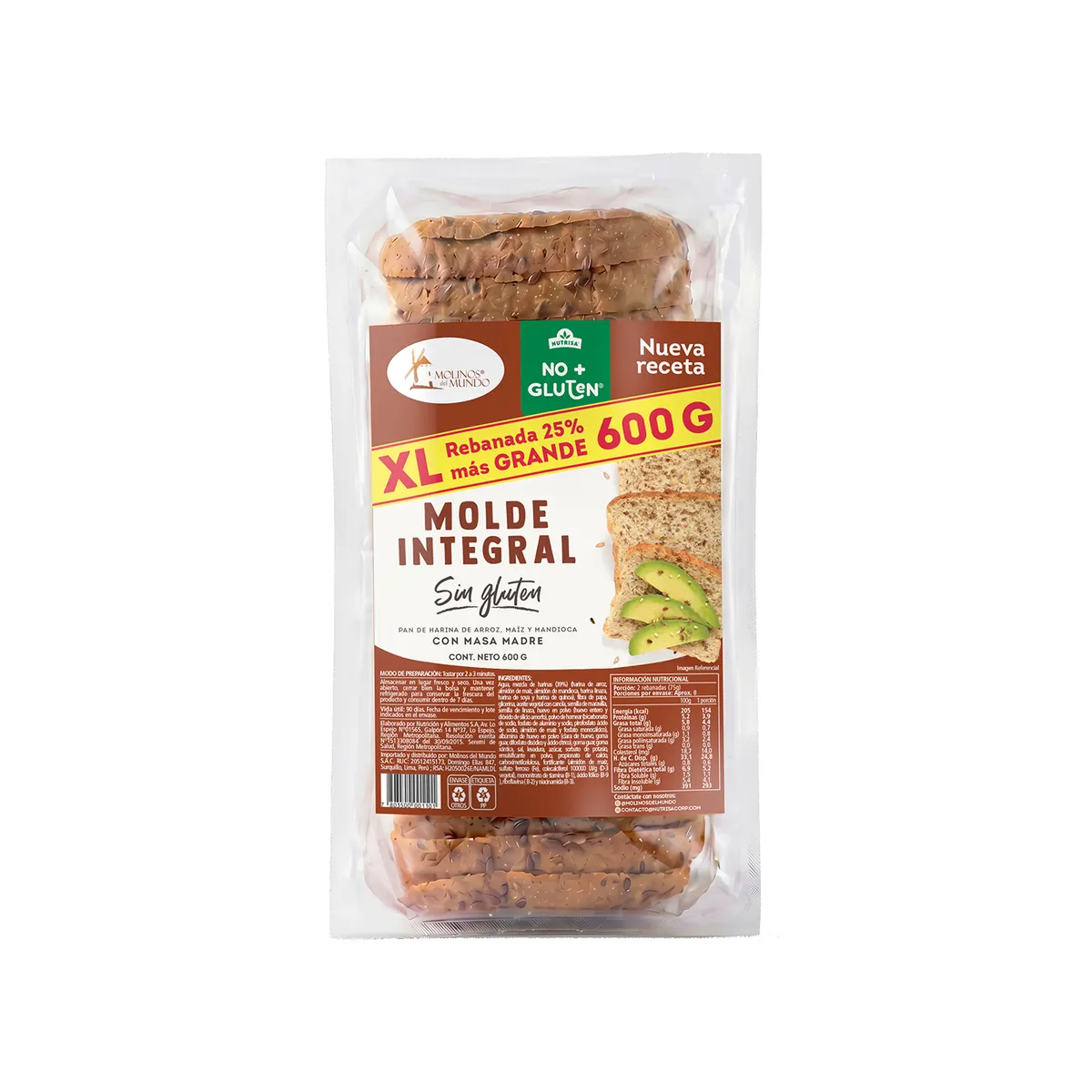 MOLINOS DEL MUNDO - Pan de Molde Integral Sin Gluten Molinos Bolsa 600 g