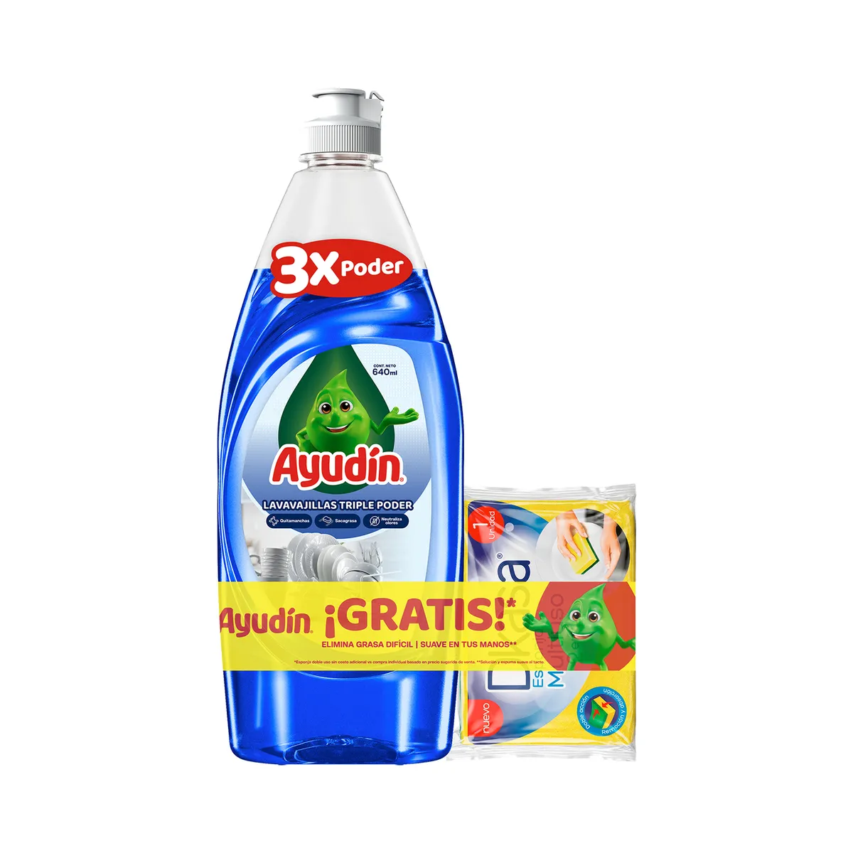 AYUDIN - Lavavajillas Líquido Ayudín 3x Poder Botella 640 mL + Esponja