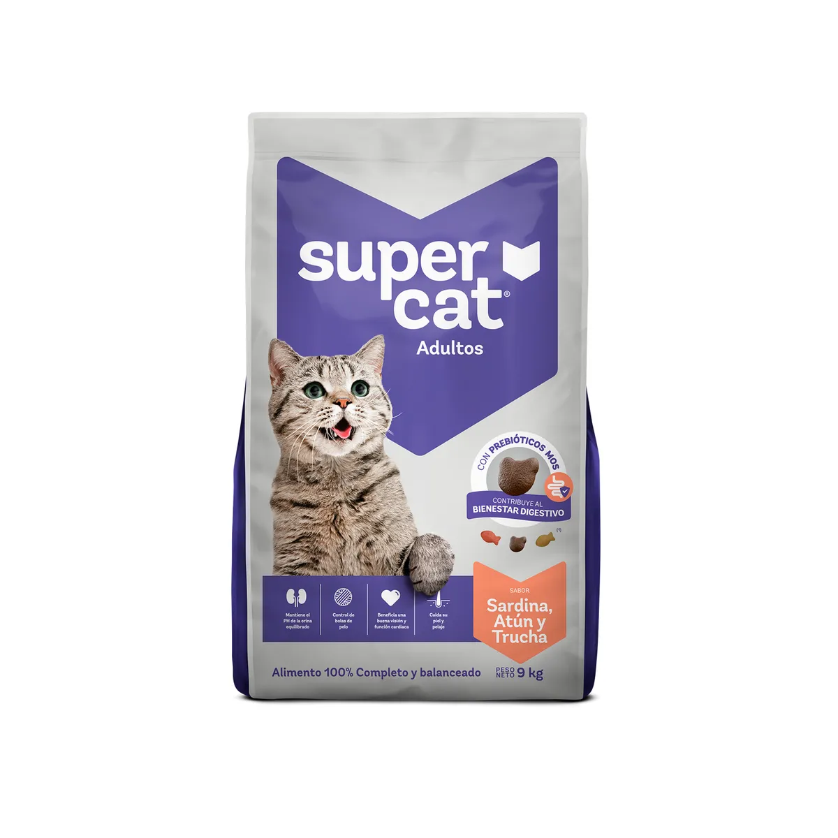SUPERCAT - Alimento Seco Supercat Gatos Adultos Sardina Atún Trucha Bolsa 9 Kg